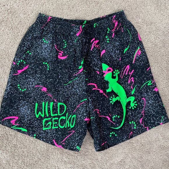 Happy Gecko Shorts Mens S Lizard Neon 90s Beach Pool Swim Trunks 6” Vintage - Picture 1 of 7